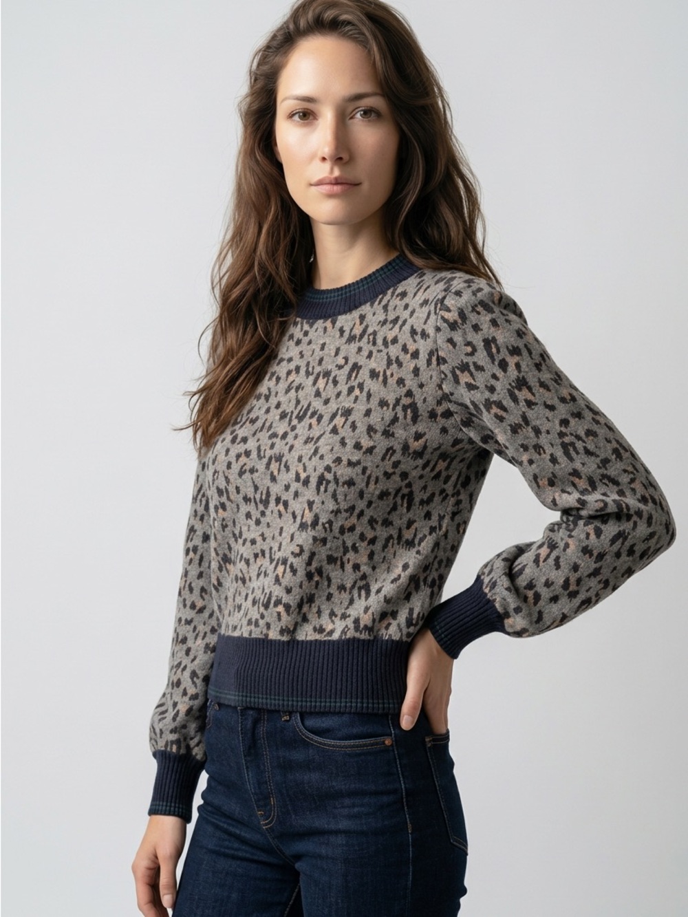 THML Leopard Print Mixed Media Mock Neck Sweater Top